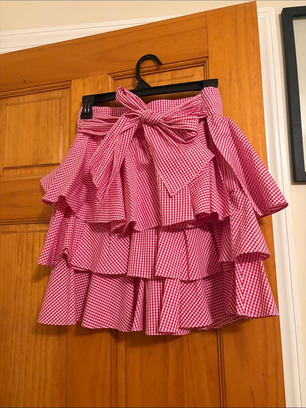 Scripted Women's Pink Gingham Tiered Ruffle Skirt with Tie Bow